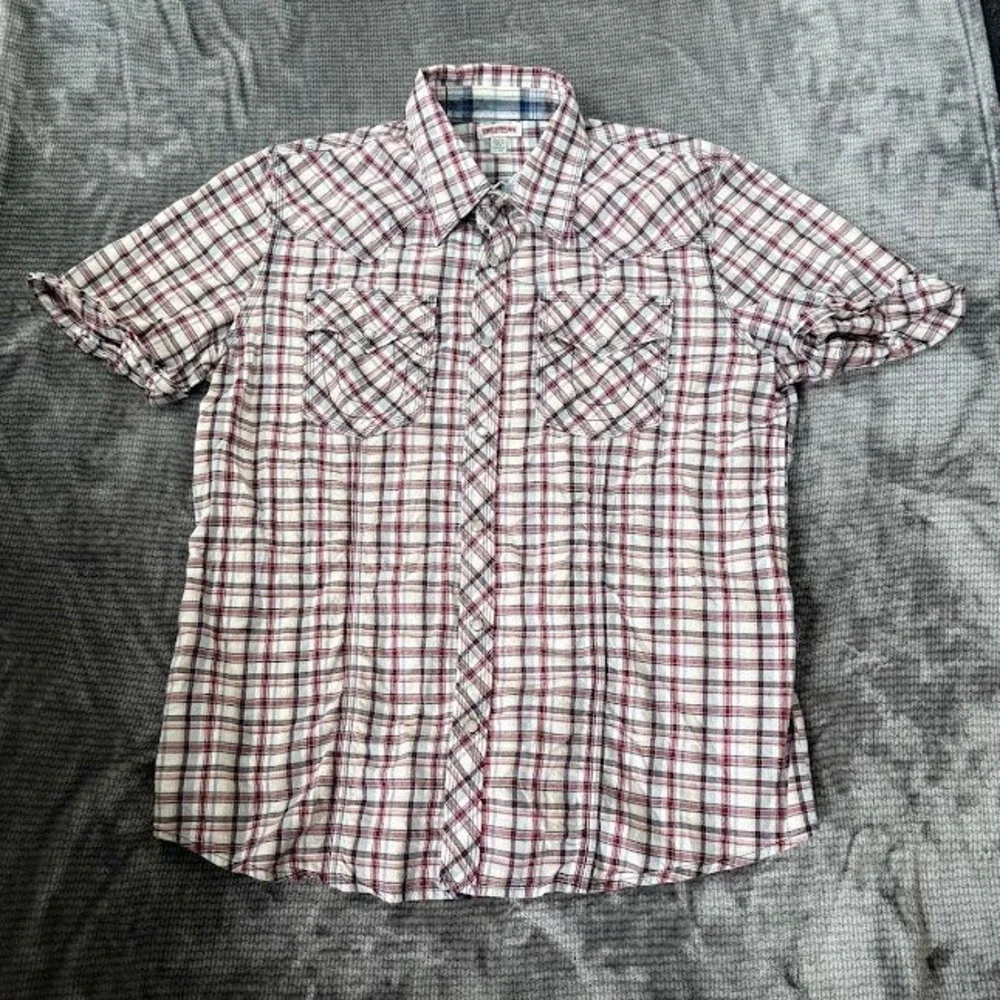 True‎ Religion Mens 2XL Western Pearl Snap Shirt Short Sleeve Plaid Red White.